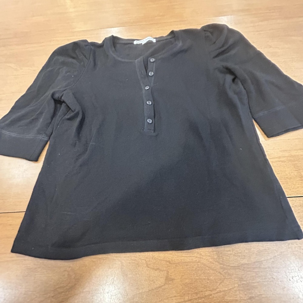 Rebecca Minkoff Shirt Womens XS Black Henley 3/4 Puff Sleeve Cotton Knit Top